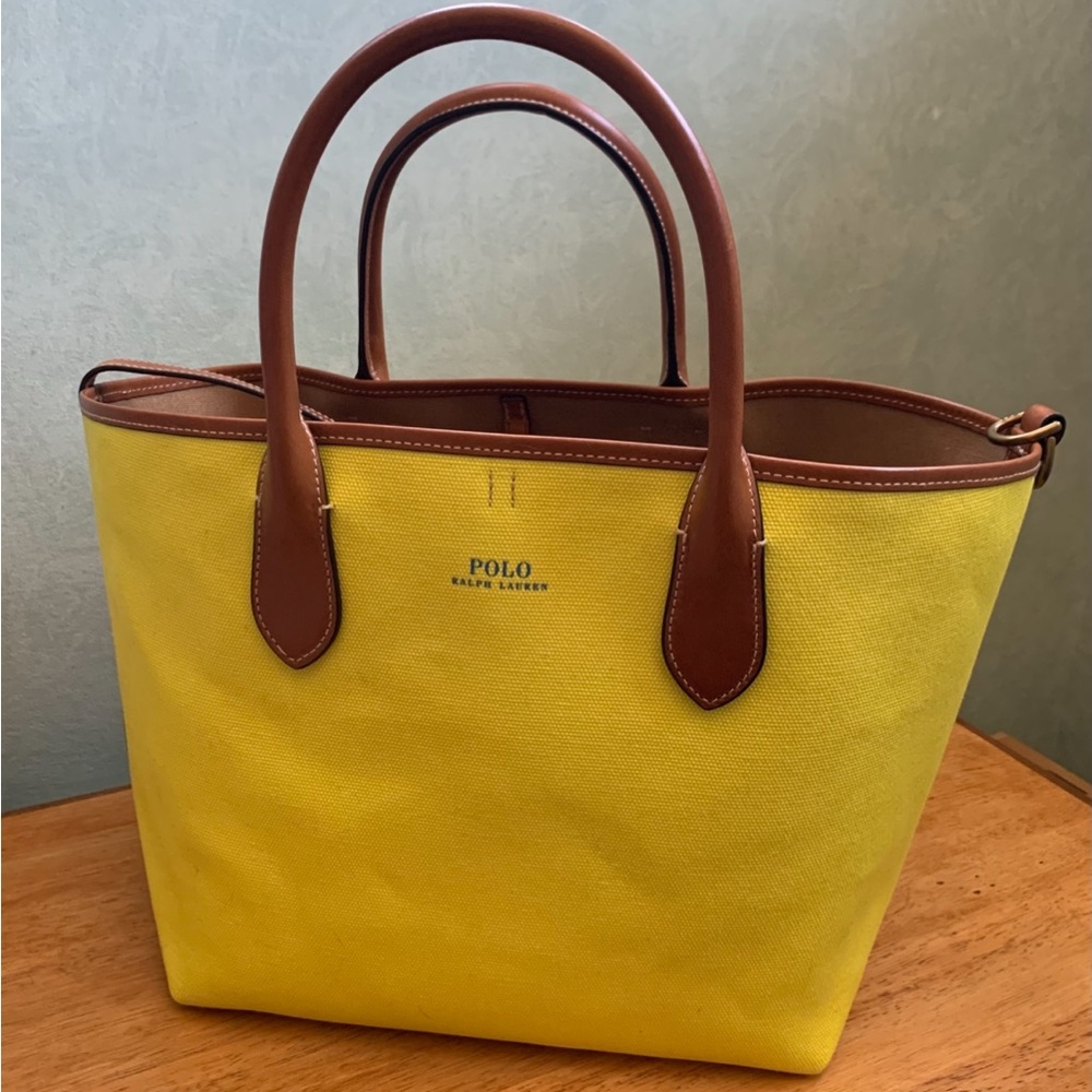NWT Polo by Ralph Lauren Reversible Citron Yellow / Saddle Brown Tote Bag. - Picture 5 of 16